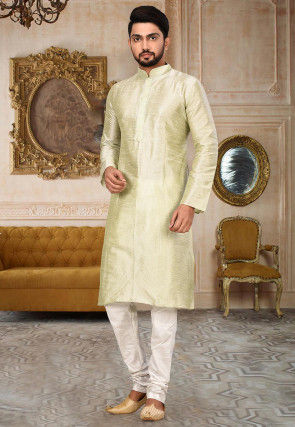 Embroidered Dupion Silk Kurta in Light Green