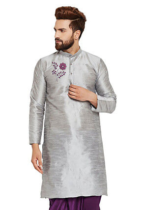 Embroidered Dupion Silk Kurta in Light Grey
