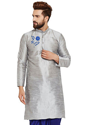 Embroidered Dupion Silk Kurta in Light Grey