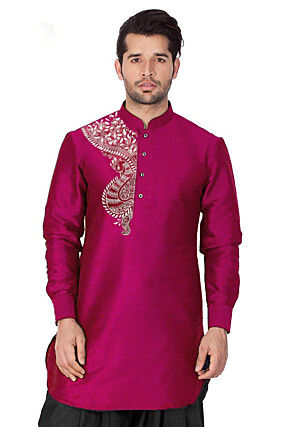 Embroidered Dupion Silk Kurta in Magenta