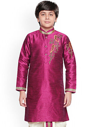 Embroidered Dupion Silk Kurta in Magenta