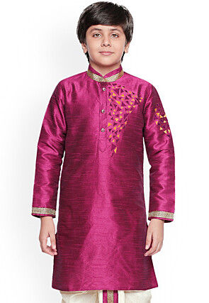 Embroidered Dupion Silk Kurta in Magenta
