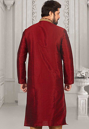 Embroidered Dupion Silk Kurta in Maroon