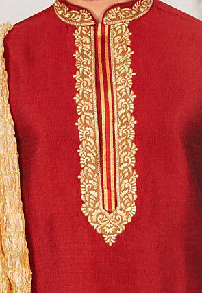Embroidered Dupion Silk Kurta in Maroon