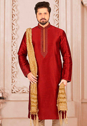 Embroidered Dupion Silk Kurta in Maroon
