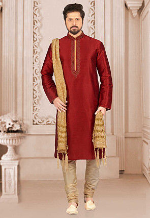 Embroidered Dupion Silk Kurta in Maroon