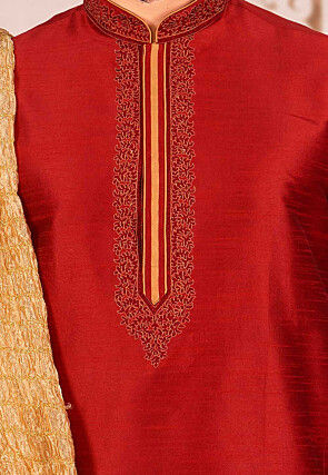 Embroidered Dupion Silk Kurta in Maroon