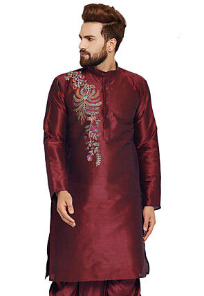Embroidered Dupion Silk Kurta in Maroon