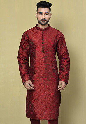 Embroidered Dupion Silk Kurta in Maroon