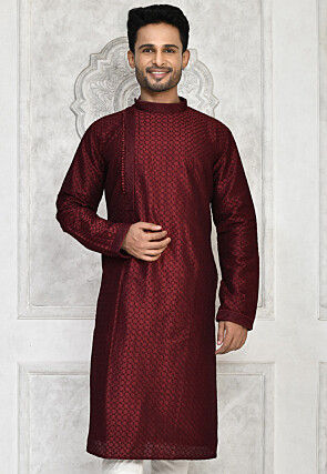 Embroidered Dupion Silk Kurta in Maroon