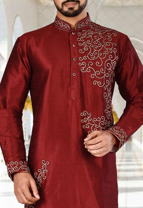 Embroidered Dupion Silk Kurta in Maroon