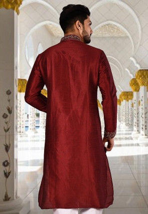 Embroidered Dupion Silk Kurta in Maroon