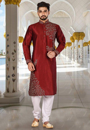 Embroidered Dupion Silk Kurta in Maroon