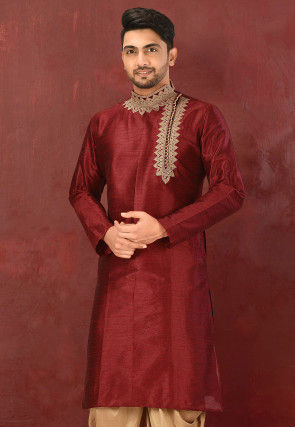 Embroidered Dupion Silk Kurta in Maroon