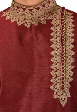 Embroidered Dupion Silk Kurta in Maroon