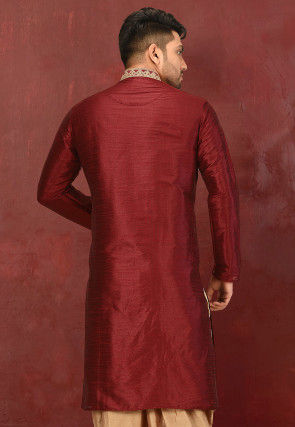 Embroidered Dupion Silk Kurta in Maroon