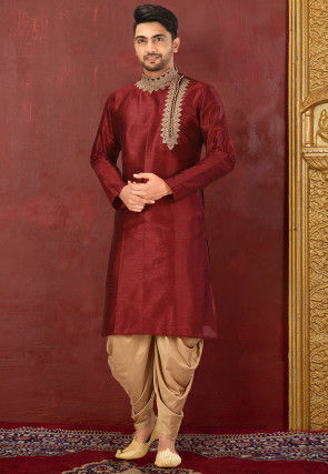 Embroidered Dupion Silk Kurta in Maroon