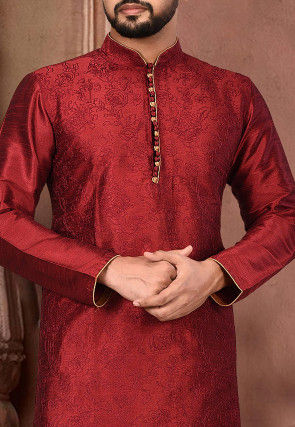 Embroidered Dupion Silk Kurta in Maroon