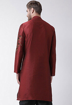 Embroidered Dupion Silk Kurta in Maroon