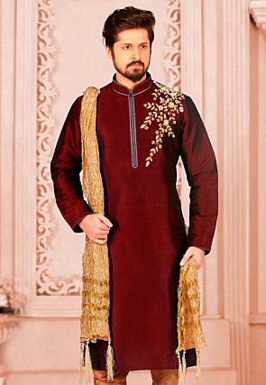 Embroidered Dupion Silk Kurta in Maroon