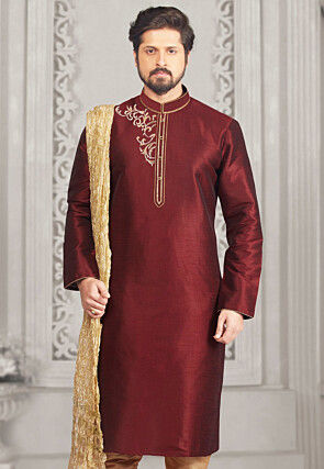 Embroidered Dupion Silk Kurta in Maroon