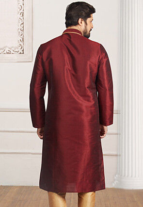 Embroidered Dupion Silk Kurta in Maroon