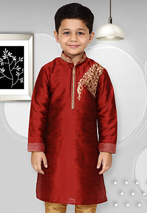 Embroidered Dupion Silk Kurta in Maroon