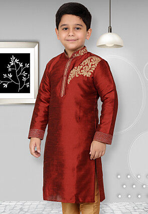 Embroidered Dupion Silk Kurta in Maroon