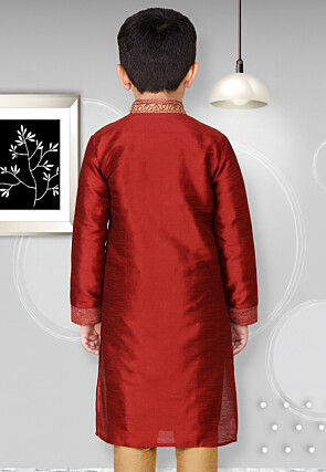 Embroidered Dupion Silk Kurta in Maroon
