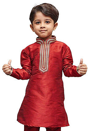 Embroidered Dupion Silk Kurta in Maroon