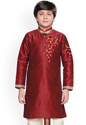 Embroidered Dupion Silk Kurta in Maroon