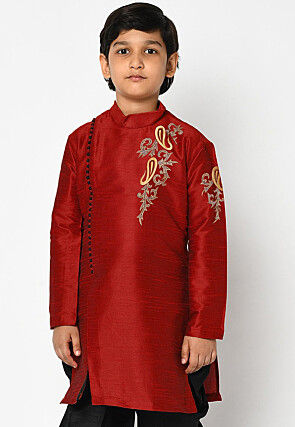 Embroidered Dupion Silk Kurta in Maroon