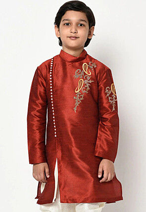Embroidered Dupion Silk Kurta in Maroon
