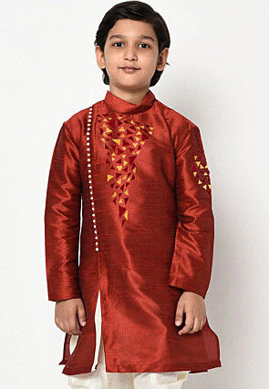 Embroidered Dupion Silk Kurta in Maroon