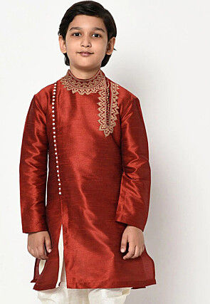 Embroidered Dupion Silk Kurta in Maroon