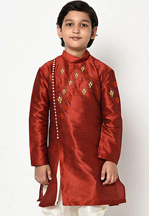 Embroidered Dupion Silk Kurta in Maroon
