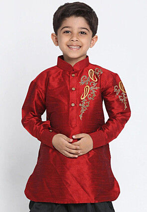 Embroidered Dupion Silk Kurta in Maroon