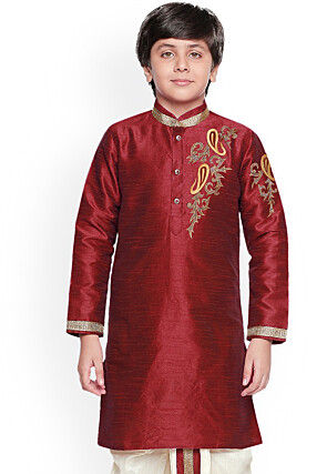 Embroidered Dupion Silk Kurta in Maroon