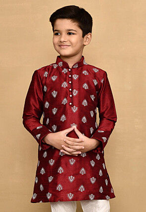 Embroidered Dupion Silk Kurta in Maroon