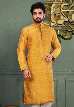 Embroidered Dupion Silk Kurta in Mustard