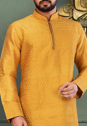 Embroidered Dupion Silk Kurta in Mustard