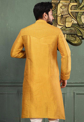 Embroidered Dupion Silk Kurta in Mustard