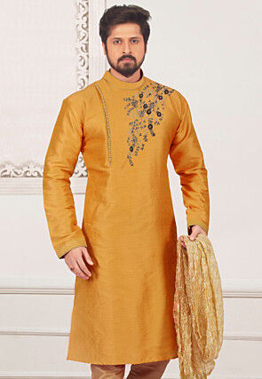 Embroidered Dupion Silk Kurta in Mustard