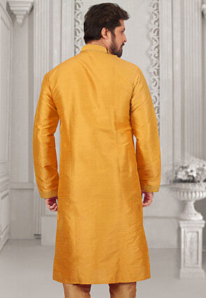 Embroidered Dupion Silk Kurta in Mustard