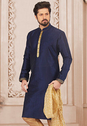 Embroidered Dupion Silk Kurta in Navy Blue