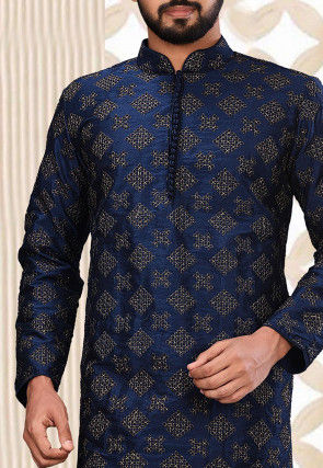Embroidered Dupion Silk Kurta in Navy Blue