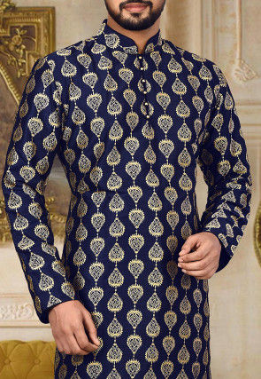 Embroidered Dupion Silk Kurta in Navy Blue