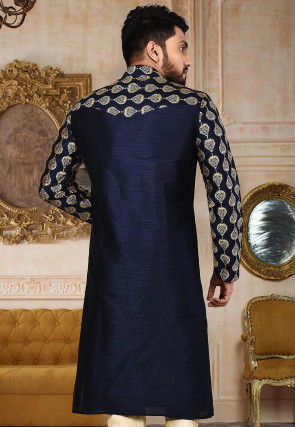 Embroidered Dupion Silk Kurta in Navy Blue