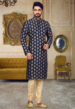 Embroidered Dupion Silk Kurta in Navy Blue