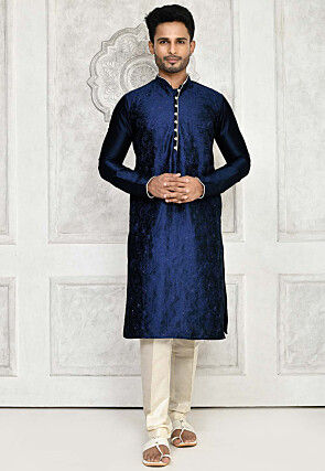 Embroidered Dupion Silk Kurta in Navy Blue